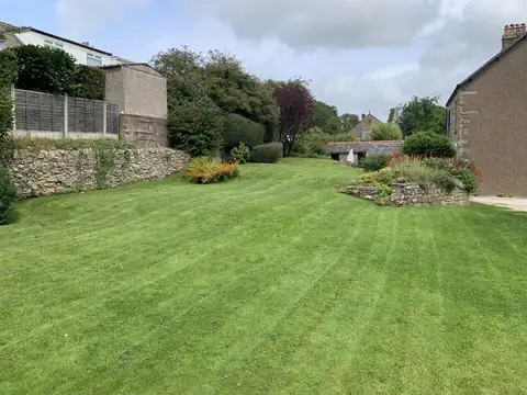 Striped lawn beside a stone wall and planted borders